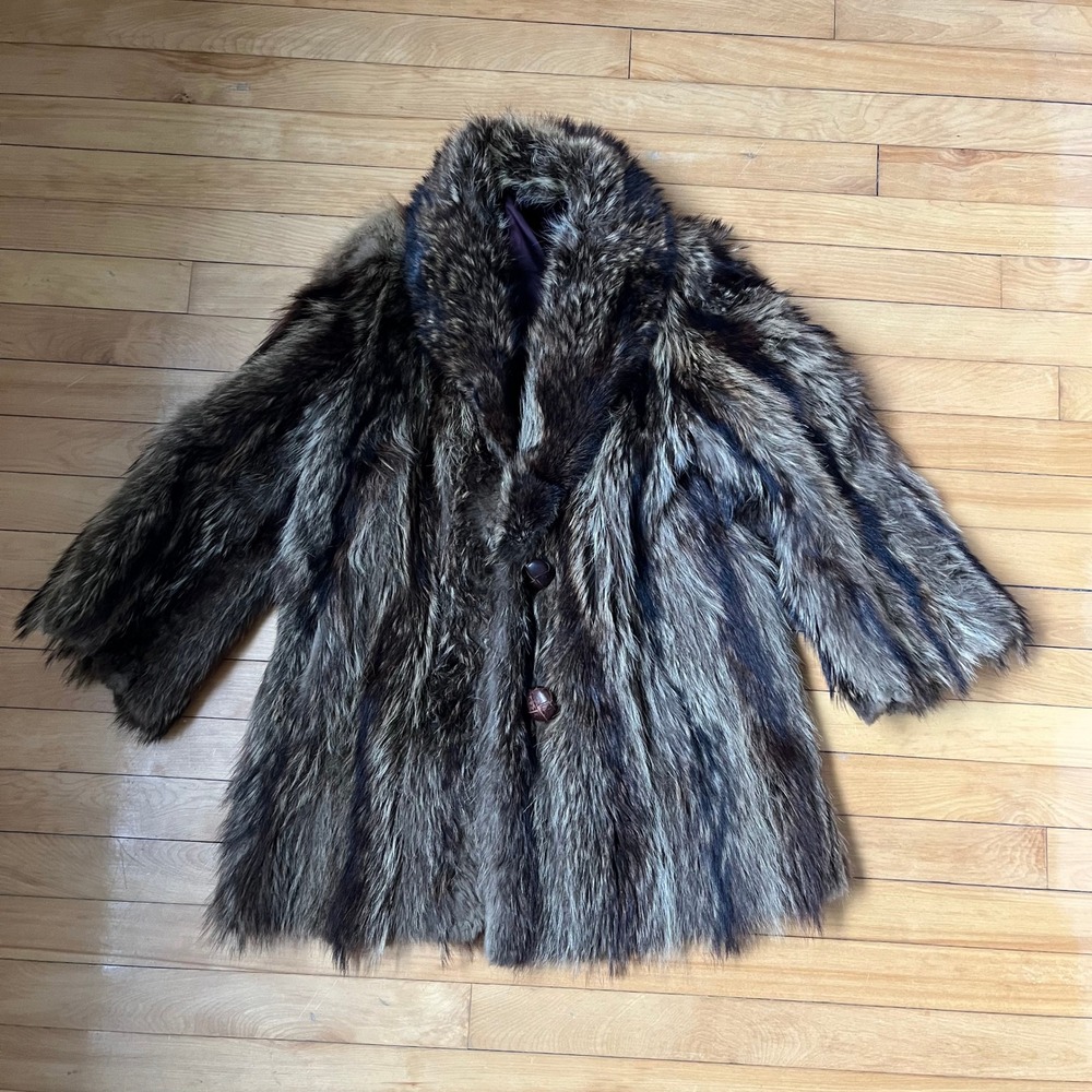 Vintage Long Hair Fur Coat Brown Silver Shawl Collar Plaid Lining Toggle Button